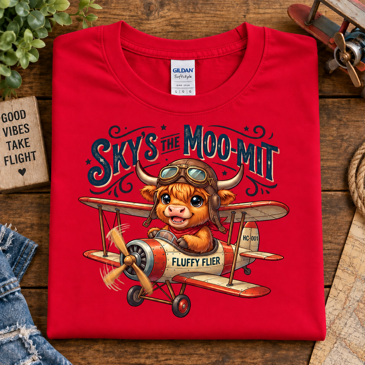 A folded red Gildan Softstyle T-shirt is displayed on a rustic wooden surface with decorative props including denim, a small sign, and a toy airplane. The shirt features a colorful graphic of a cartoon cow in aviator goggles piloting a biplane, with the text 'SKY'S THE MOO-MIT' and 'FLUFFY FLYER'.