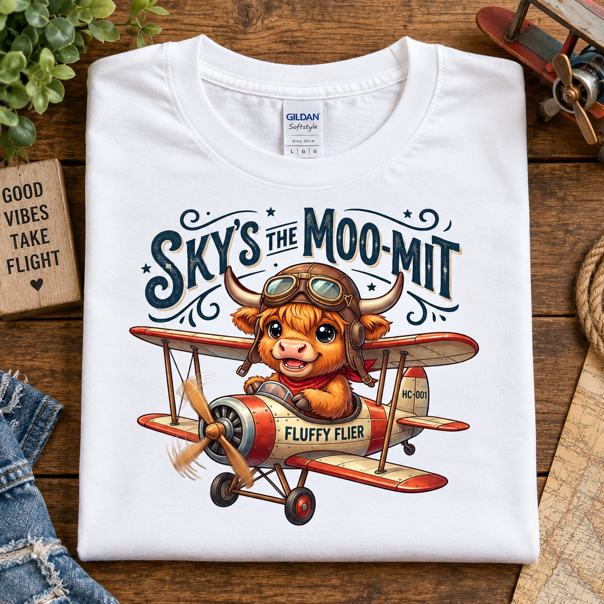 A folded white Gildan Softstyle T-shirt with a colorful cartoon graphic of a cow in aviator goggles flying a biplane, with the text 'Skys the Moo-Mit' and 'Fluffy Flier,' displayed on a rustic wooden surface with styled props.