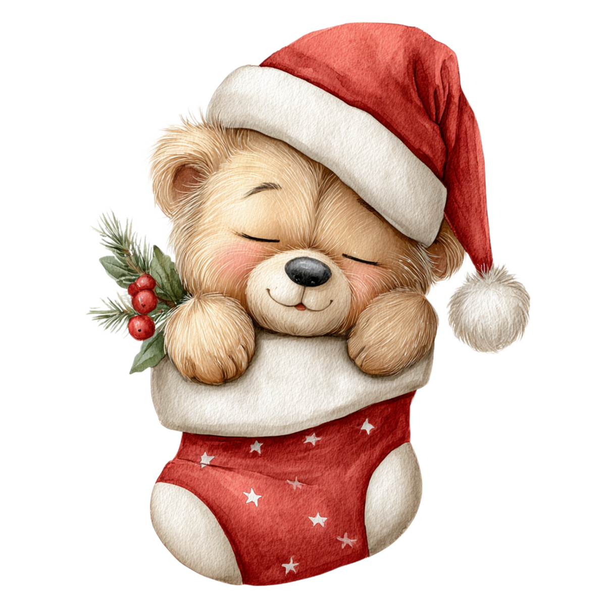 A watercolor-style illustration of a teddy bear wearing a red Santa hat with white trim and a matching red Santa diaper with white stars, holding a small holly sprig with red berries against a plain white background.