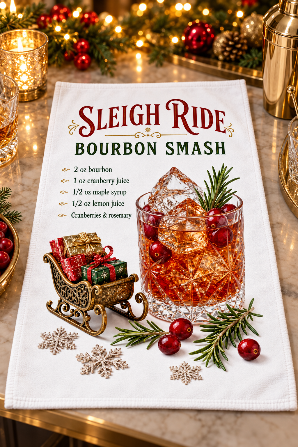 A white kitchen towel printed with the recipe 'Sleigh Ride Bourbon Smash' is laid out on a decorated holiday table. The towel features an graphic design of a bourbon cocktail, a small sleigh with wrapped gifts, cranberries, pine branches, and snowflakes.