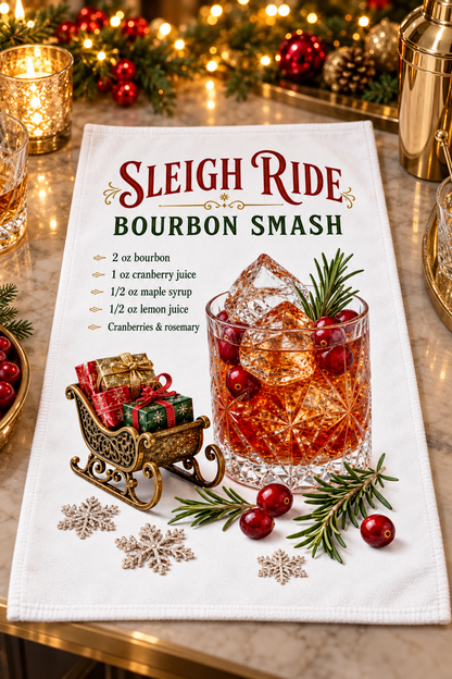 A white kitchen towel printed with the recipe 'Sleigh Ride Bourbon Smash' is laid out on a decorated holiday table. The towel features an graphic design of a bourbon cocktail, a small sleigh with wrapped gifts, cranberries, pine branches, and snowflakes.