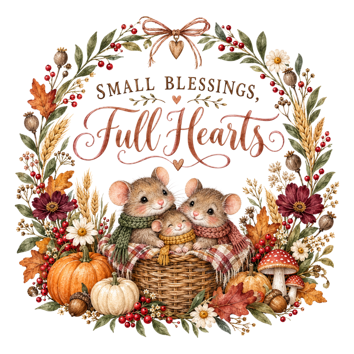 A decorative autumn wreath illustration with the text 'Small Blessings, Full Hearts' in the center. The design features two small mice in a wicker basket, surrounded by pumpkins, mushrooms, wheat, leaves, berries, and flowers, all on a plain white background.