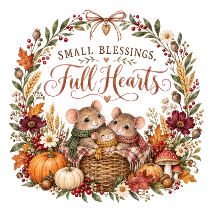 A decorative autumn wreath illustration with the text 'Small Blessings, Full Hearts' in the center. The design features two small mice in a wicker basket, surrounded by pumpkins, mushrooms, wheat, leaves, berries, and flowers, all on a plain white background.