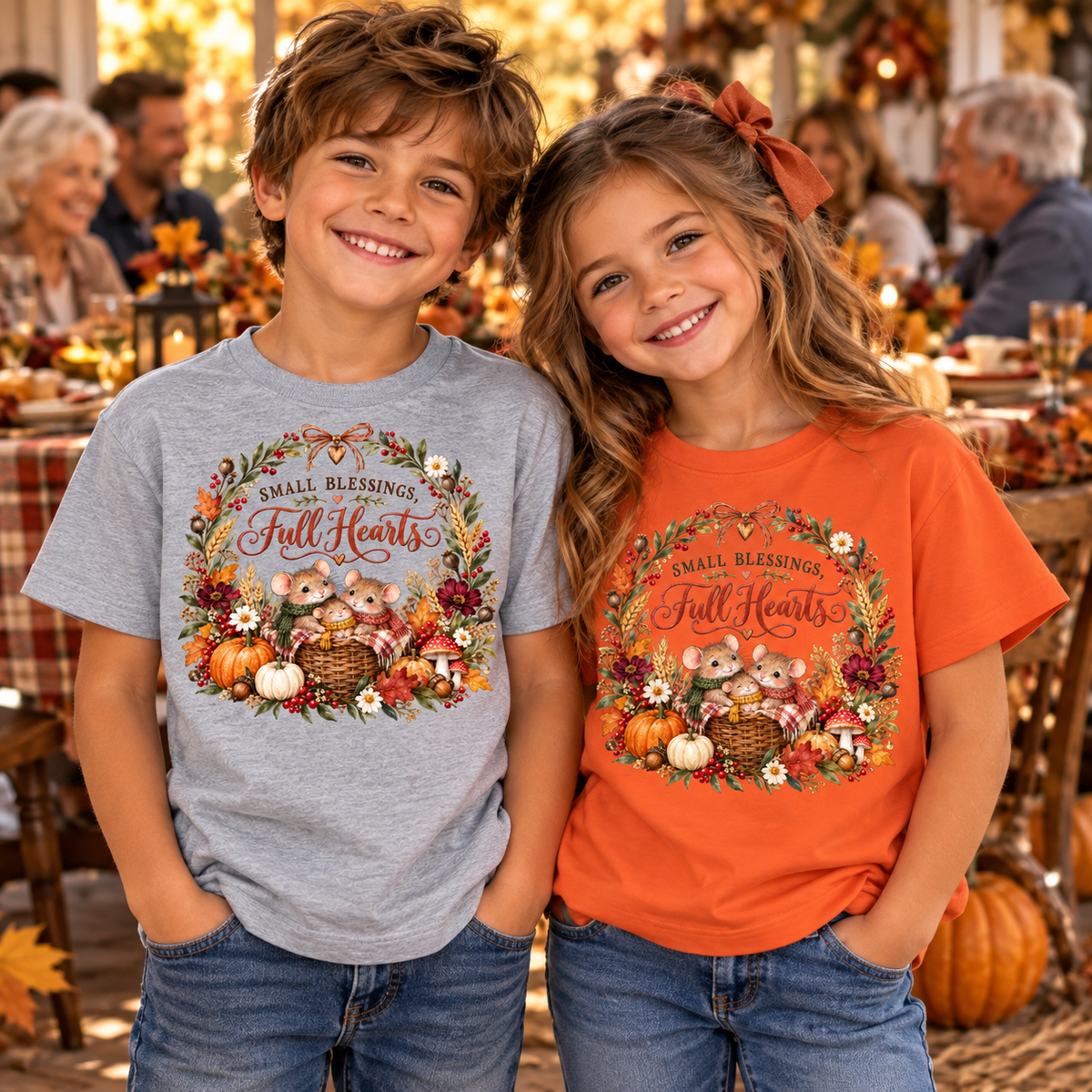 Two children standing together in a festive autumn dining room setting, wearing matching graphic T-shirts. The boy wears a heather gray shirt and the girl wears a burnt orange shirt, both featuring a large fall-themed graphic with pumpkins, flowers, and the text 'Small Blessings and Full Hearts Fall Hearts.