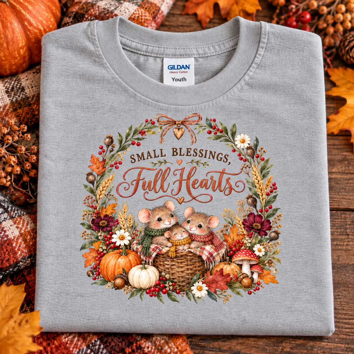 A folded sport gray Gildan Youth t-shirt with a detailed autumn graphic of two mice in a basket surrounded by pumpkins, fall leaves, and flowers, with the text 'SMALL BLESSINGS, Full Hearts'. The shirt is styled on a rustic wooden background with autumn decorations.