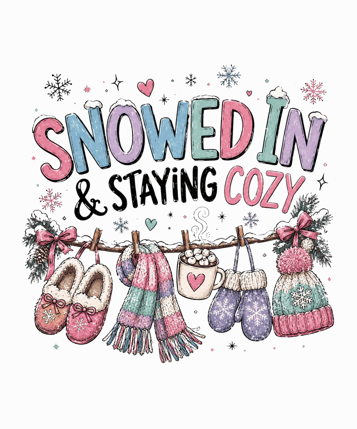 A festive winter illustration with the phrase “SNOWED IN & STAYING COZY” in pastel lettering, surrounded by snowflakes and decorated with cozy items including a scarf, mittens, slippers, a mug of hot cocoa, and hats hanging from a clothesline.