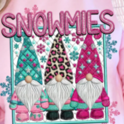 Christmas sweatshirt featuring “Snowmies” in faux-embroidery style with cheerful holiday gnomes in colorful snowsuits.