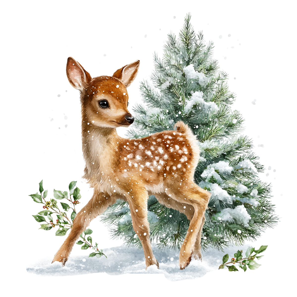 A watercolor-style illustration of a young brown fawn with white spots standing in snow beside a snow-dusted evergreen tree, with small holly branches and falling snow on a white background.