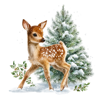 A watercolor-style illustration of a young brown fawn with white spots standing in snow beside a snow-dusted evergreen tree, with small holly branches and falling snow on a white background.