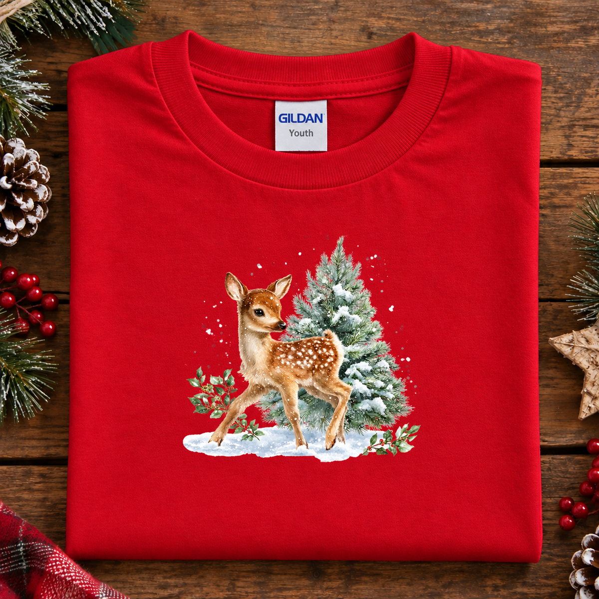 A folded red Gildan Youth t-shirt with a Christmas-themed graphic of a fawn and a pine tree, displayed on a rustic wooden background with holiday decorations.