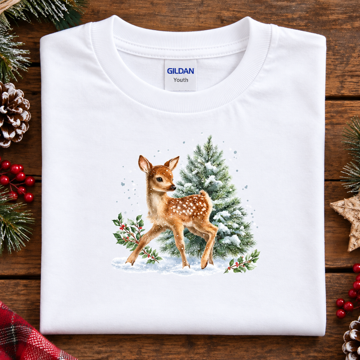A folded white Gildan Youth t-shirt with a watercolor-style graphic of a brown spotted deer standing next to a snowy green Christmas tree, displayed on a rustic wooden background with holiday decorations.