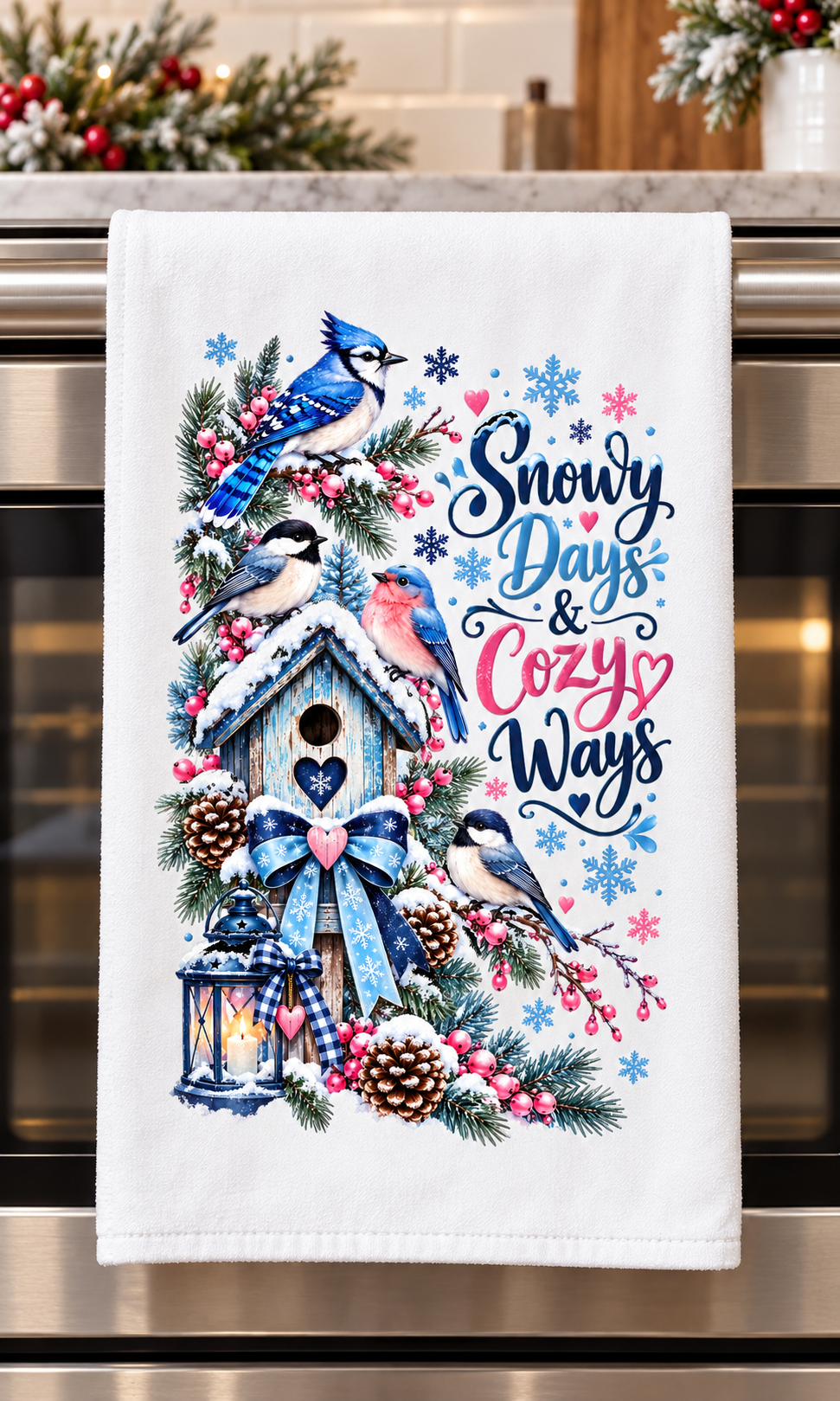 A white kitchen towel hanging over a stainless steel oven, featuring a colorful winter holiday design with bluebirds, a birdhouse, pinecones, snowflakes, and the text 'Snowy Days & Cozy Ways'.