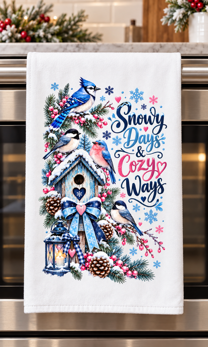 A white kitchen towel hanging over a stainless steel oven, featuring a colorful winter holiday design with bluebirds, a birdhouse, pinecones, snowflakes, and the text 'Snowy Days & Cozy Ways'.