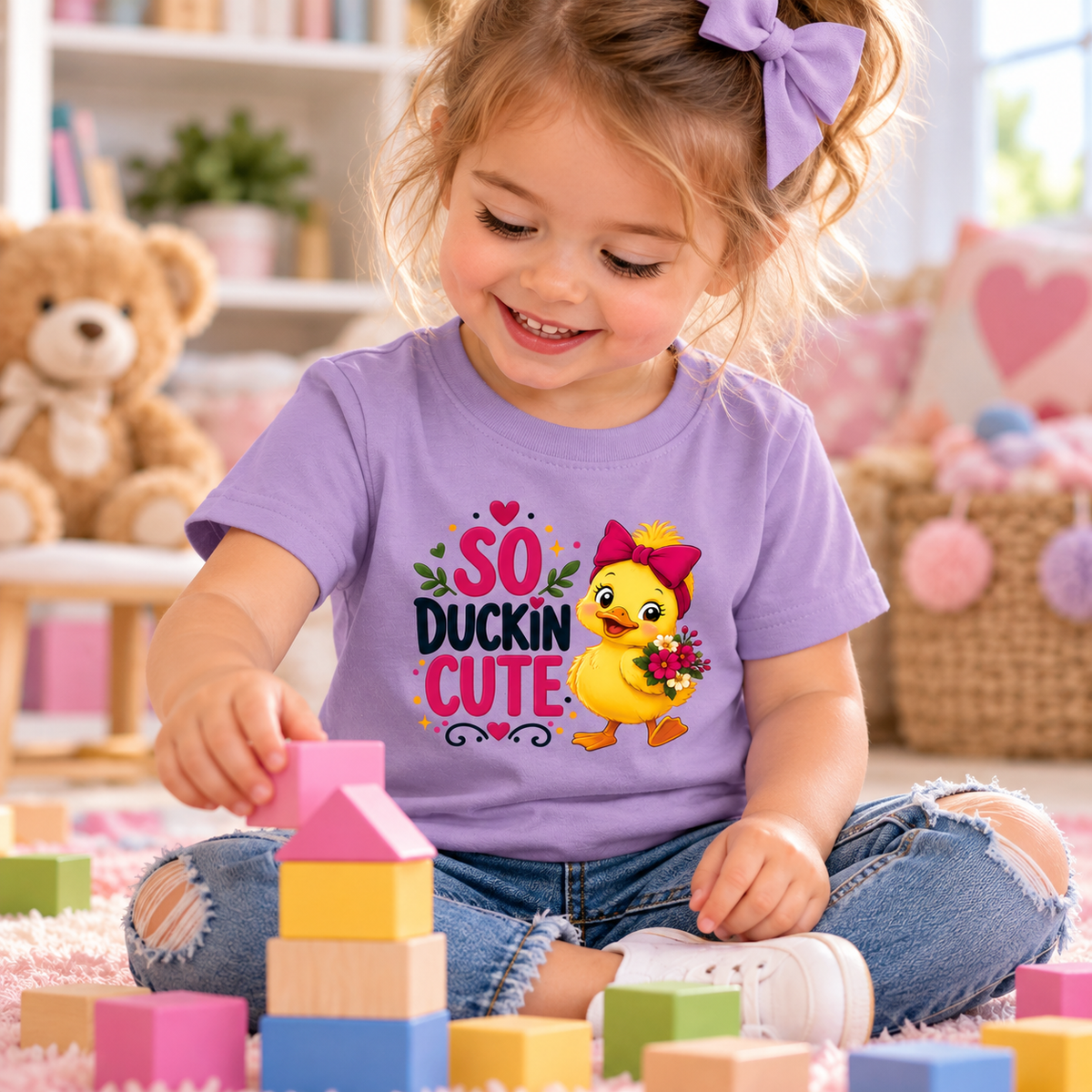 A young girl with a purple bow in her hair sits on a pink rug, wearing a purple t-shirt with a 'SO DUCKIN CUTE' cartoon duck graphic. She is building blocks with colorful wooden blocks in a cozy, toy-filled children's room.