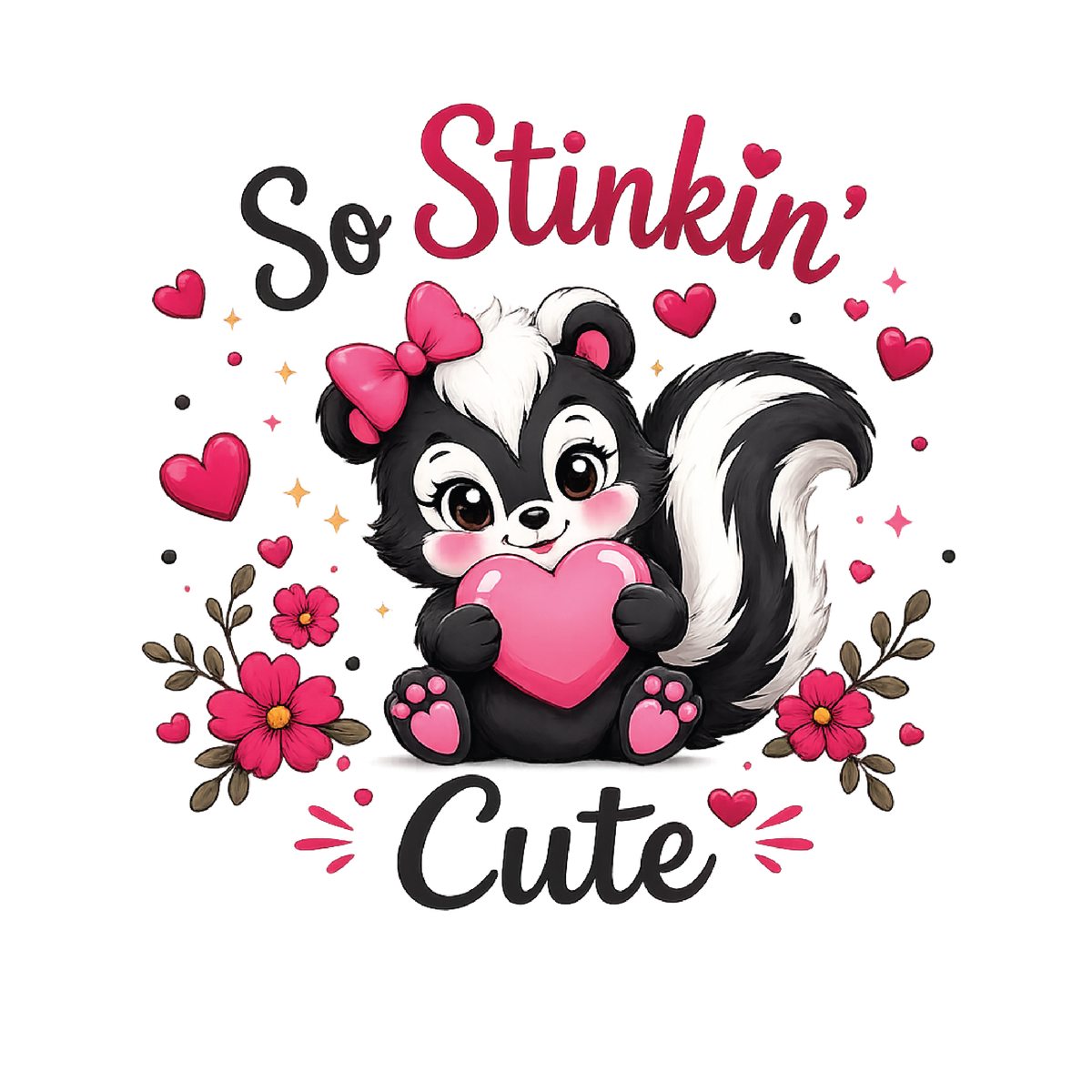 A cute cartoon skunk holding a pink heart, surrounded by pink hearts, flowers, and the words 'So Stinkin' Cute' on a white background.