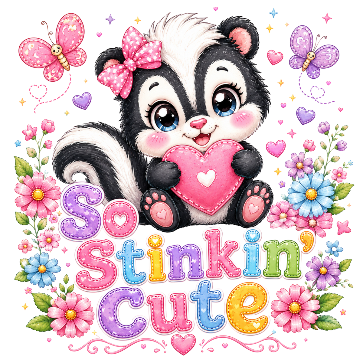 A colorful cartoon graphic of a cute black-and-white skunk holding a pink heart, surrounded by flowers, butterflies, hearts, and the phrase 'So Stinkin' Cute' in pastel rainbow letters on a white background.