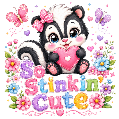 A colorful cartoon graphic of a cute black-and-white skunk holding a pink heart, surrounded by flowers, butterflies, hearts, and the phrase 'So Stinkin' Cute' in pastel rainbow letters on a white background.