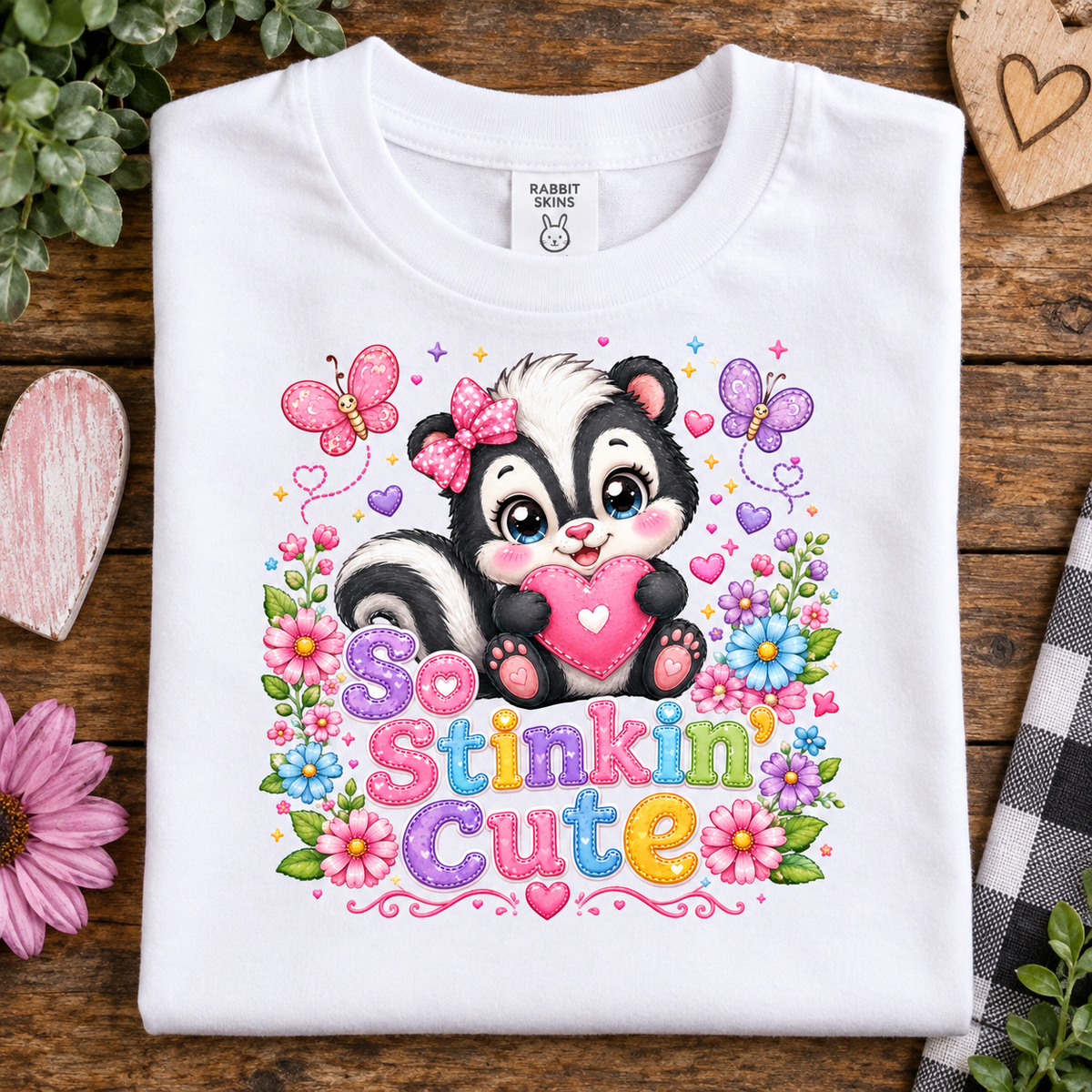 A white short-sleeve t-shirt with a colorful graphic of a cartoon skunk holding a pink heart, surrounded by flowers, butterflies, and the text 'So Stinkin Cute'. The shirt is displayed flat on a rustic wooden surface with decorative props.