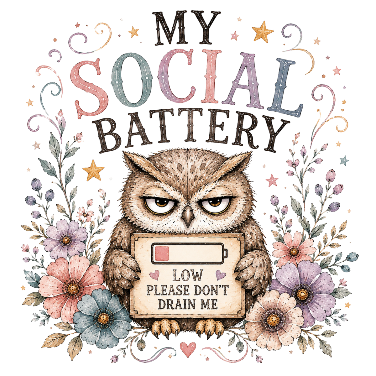 A cute owl holding a sign that reads 'LOW PLEASE DON'T DRAIN ME' with a battery icon showing low energy. The text 'MY SOCIAL BATTERY' appears above in large decorative letters, surrounded by pastel flowers and swirls on a white background.