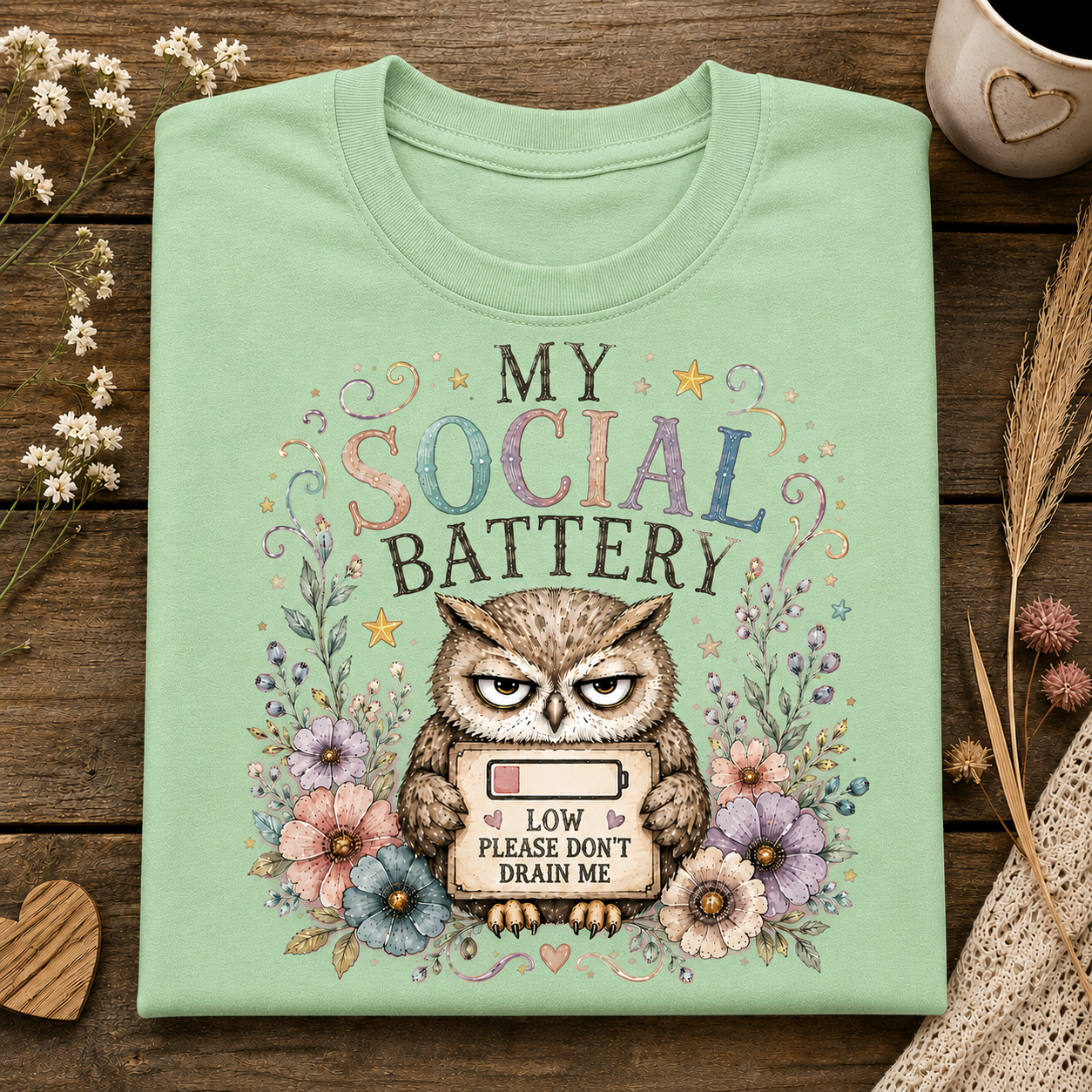 A mint green colored t-shirt with the text MY SOCIAL BATTERY and an owl surrounded by flowers holding a sign with a low meter that says LOW PLEASE DON"T DRAIN ME