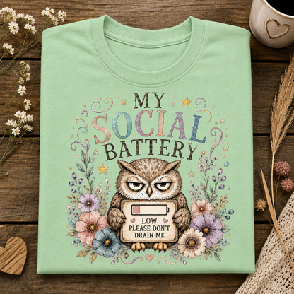 A mint green colored t-shirt with the text MY SOCIAL BATTERY and an owl surrounded by flowers holding a sign with a low meter that says LOW PLEASE DON"T DRAIN ME