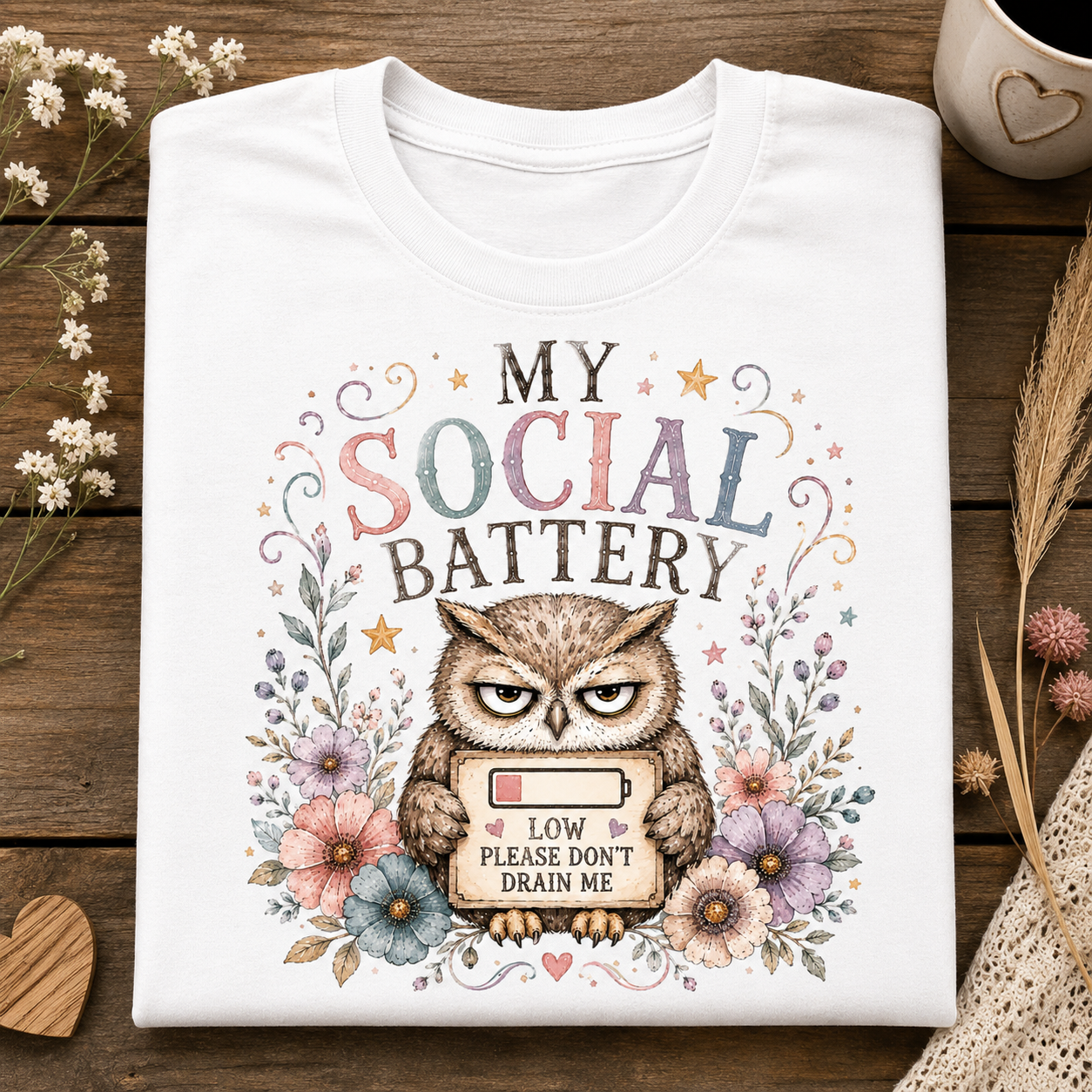 A white t-shirt with the text MY SOCIAL BATTERY and an owl surrounded by flowers holding a sign with a low meter that says LOW PLEASE DON"T DRAIN ME