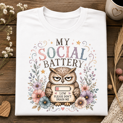 A white t-shirt with the text MY SOCIAL BATTERY and an owl surrounded by flowers holding a sign with a low meter that says LOW PLEASE DON"T DRAIN ME