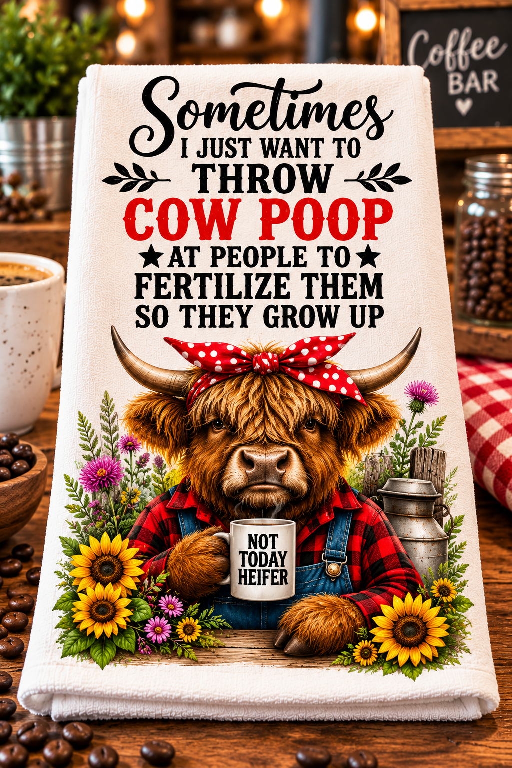 A white kitchen towel with a humorous graphic print featuring a Highland cow in a red plaid shirt and bandana, surrounded by sunflowers and a milk canister. The text reads: 'Sometimes I JUST WANT TO THROW COW POOP AT PEOPLE TO FERTILIZE THEM SO THEY GROW UP'.