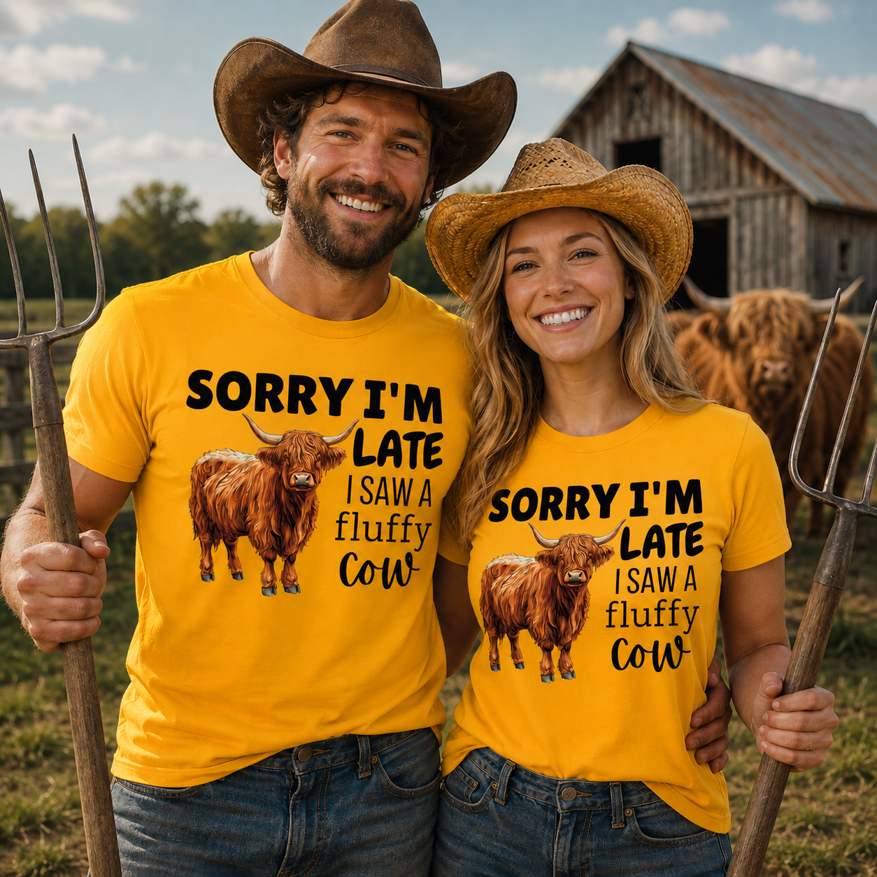 Man and woman wearing matching gold colored t-shirts with a cow graphic and text Sorry I'm Late I Saw a Fluffy Cow.