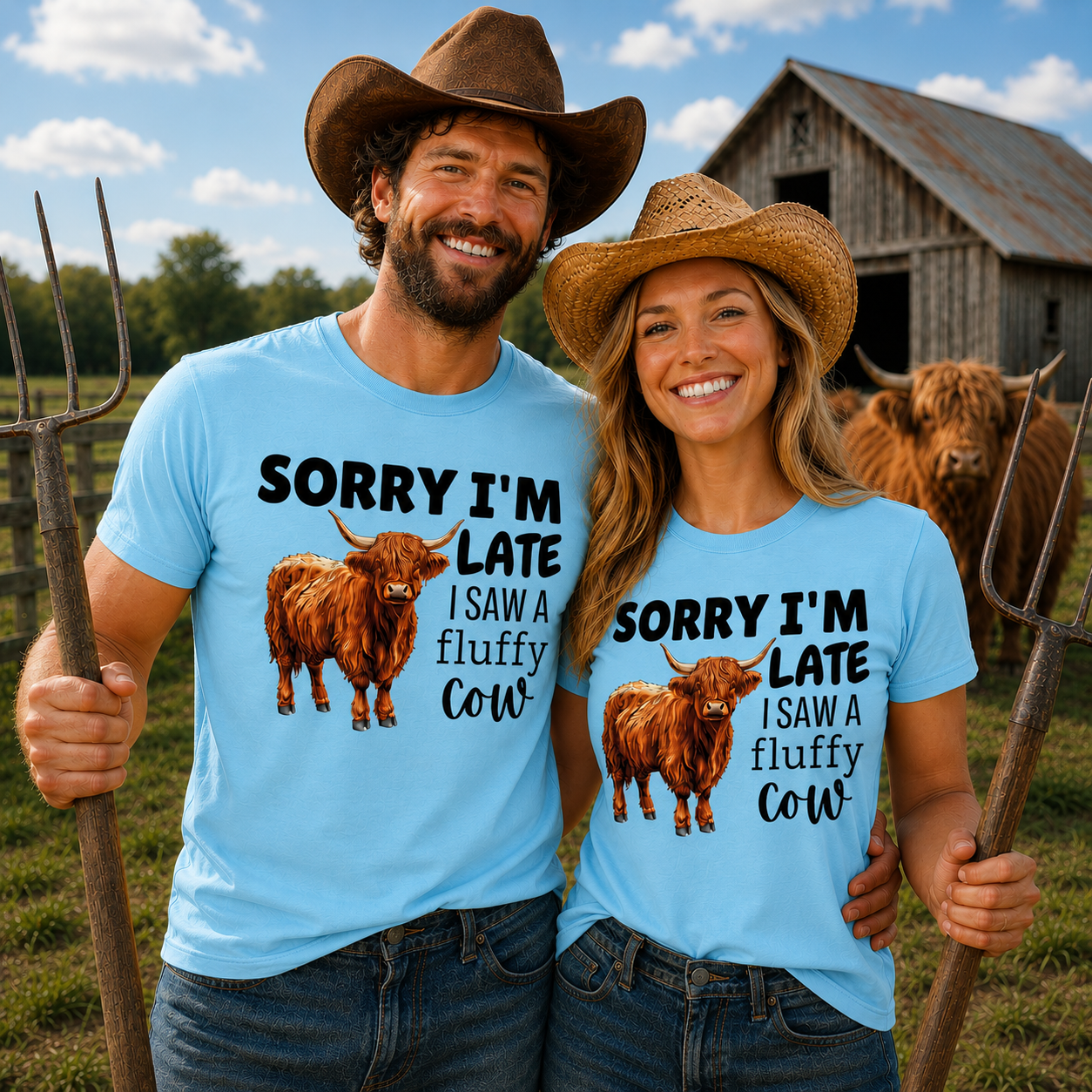 Man and woman wearing matching sky blue colored t-shirts with a cow graphic and text Sorry I'm Late I Saw a Fluffy Cow.