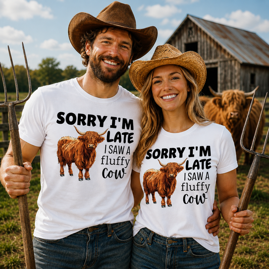 Man and woman wearing matching white t-shirts with a cow graphic and text Sorry I'm Late I Saw a Fluffy Cow.