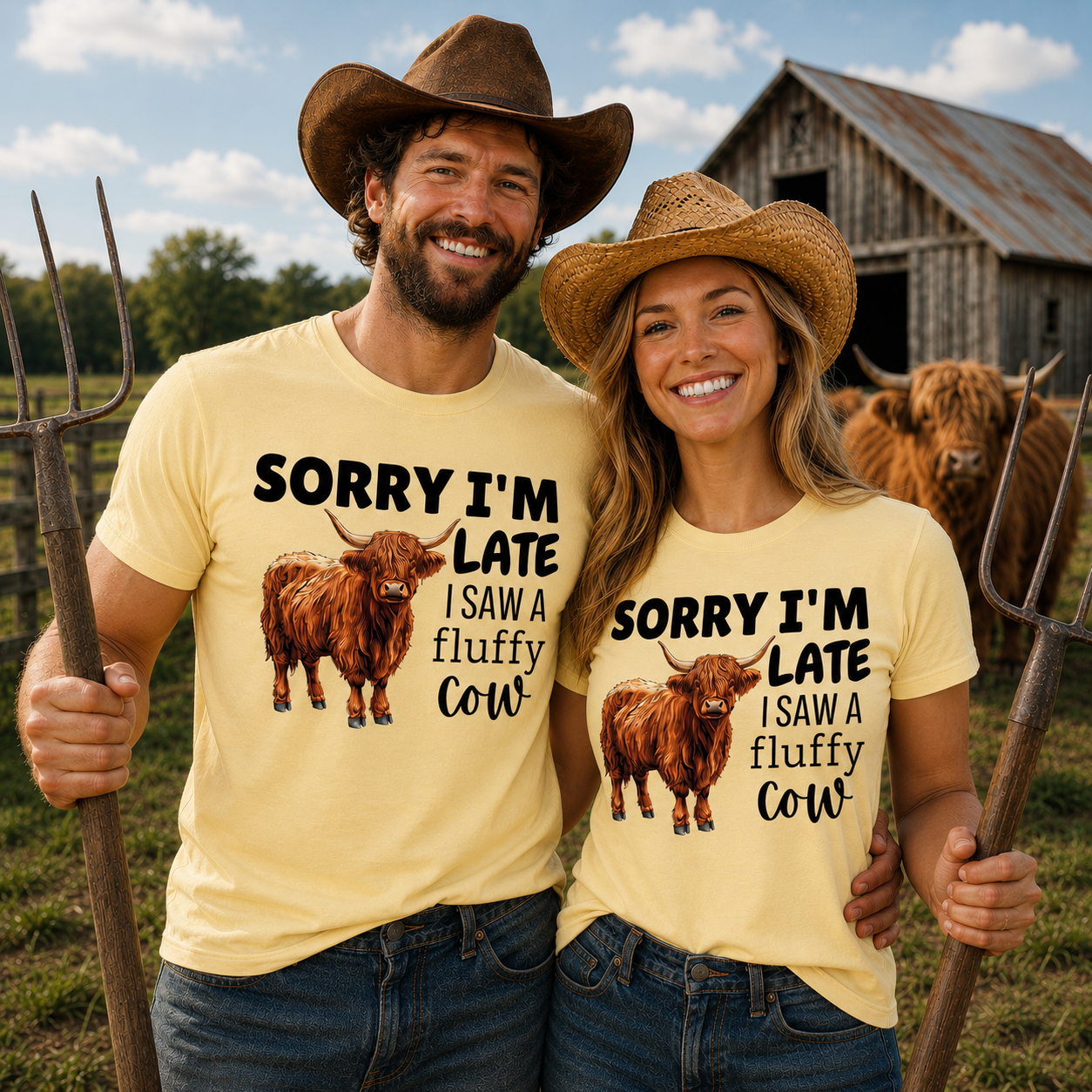 Man and woman wearing matching yellow t-shirts with a cow graphic and text Sorry I'm Late I Saw a Fluffy Cow.