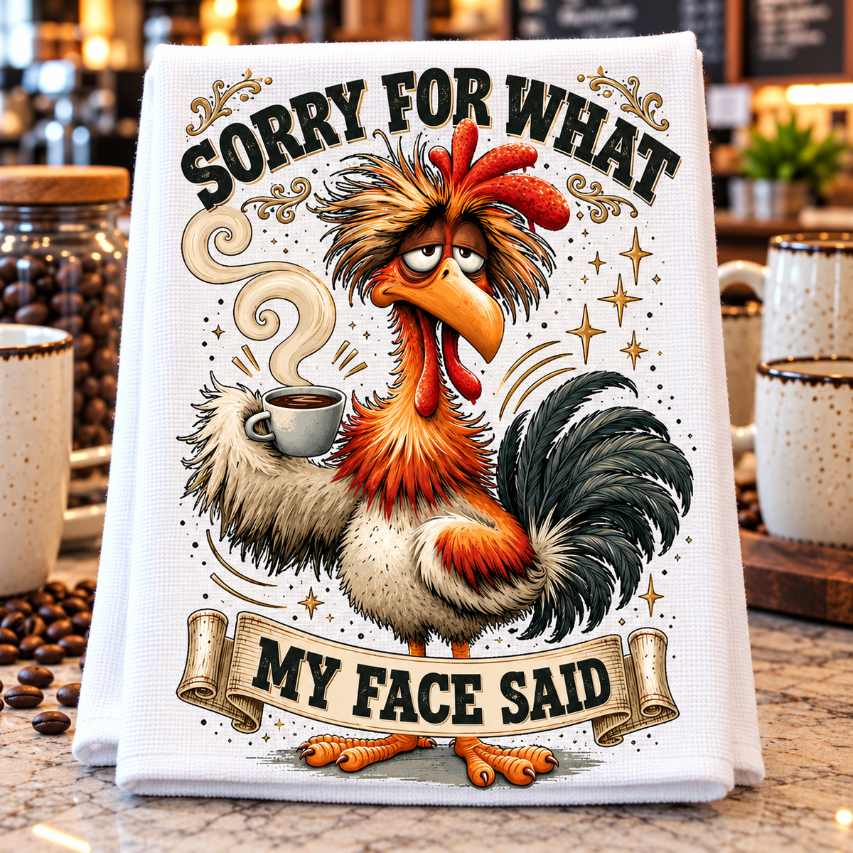A white kitchen tea towel with a humorous cartoon rooster graphic holding a coffee cup. The graphic features the text 'SORRY FOR WHAT MY FACE SAID' in a vintage style.