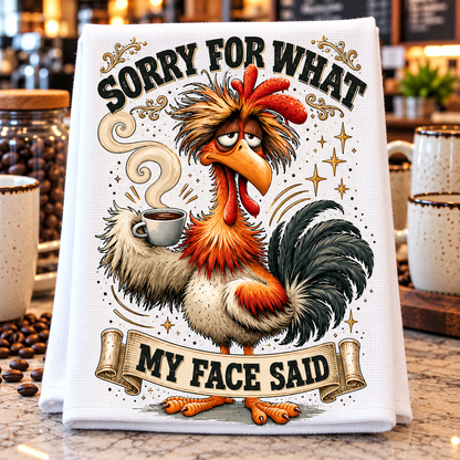 A white kitchen tea towel with a humorous cartoon rooster graphic holding a coffee cup. The graphic features the text 'SORRY FOR WHAT MY FACE SAID' in a vintage style.
