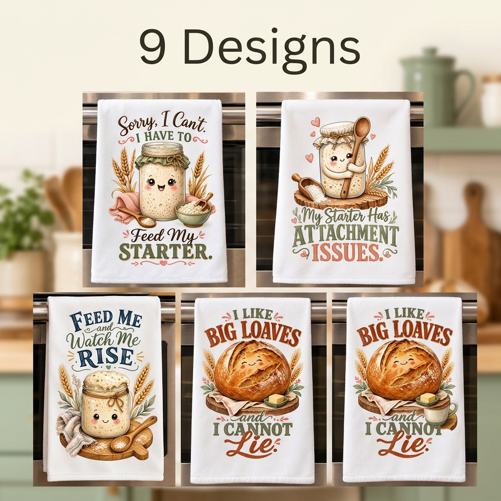Five kitchen towels shown in a collage with the text '9 Designs' at the top. The towels feature cute cartoon bread and jar illustrations with humorous phrases like 'Sorry, I Can't.