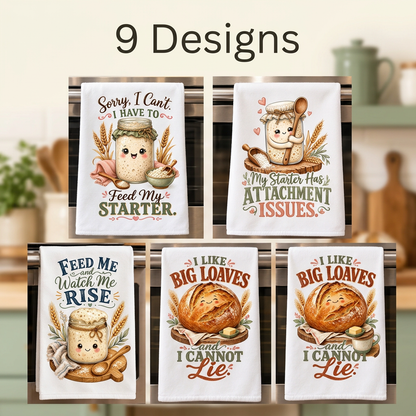 Five kitchen towels shown in a collage with the text '9 Designs' at the top. The towels feature cute cartoon bread and jar illustrations with humorous phrases like 'Sorry, I Can't.