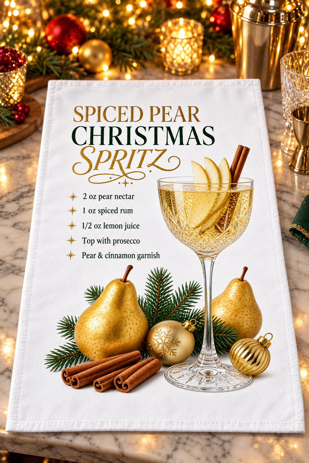 A white kitchen towel printed with a festive Christmas spiced pear spritz recipe and a graphic of a filled coupe glass with pear slices, cinnamon sticks, pears, pine branches, and gold ornaments. The towel is styled on a marble surface with blurred holiday lights and ornaments in the background.