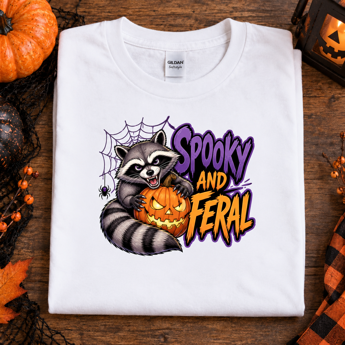 A folded white Gildan Straightweight t-shirt with a colorful 'Spooky and Feral' graphic featuring a raccoon and a jack-o'-lantern, styled on a rustic wooden background with Halloween props.