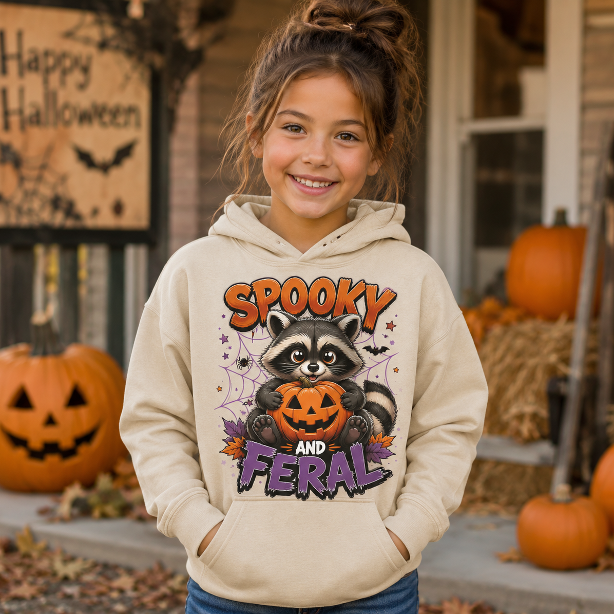 A smiling young girl stands on a front porch wearing a cream-colored hoodie with a colorful 'Spooky and Feral' graphic featuring a raccoon holding a jack-o'-lantern. The background shows a decorated Halloween scene with pumpkins and a 'Happy Halloween' sign.