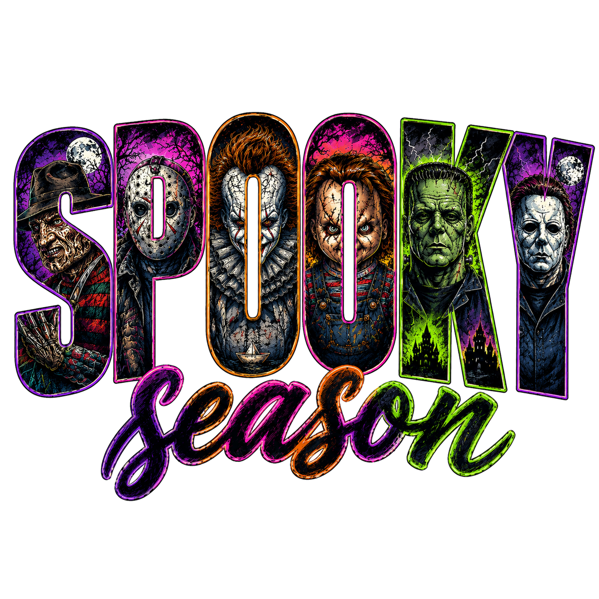 A graphic design featuring the text 'SPOOKY season' in stylized horror-themed lettering. The word 'SPOOKY' is in large block letters filled with illustrations of various horror movie villains, including Jason Voorhees, Michael Myers, Freddy Krueger, Frankenstein's Monster, and Dr.