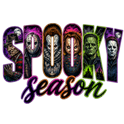 A graphic design featuring the text 'SPOOKY season' in stylized horror-themed lettering. The word 'SPOOKY' is in large block letters filled with illustrations of various horror movie villains, including Jason Voorhees, Michael Myers, Freddy Krueger, Frankenstein's Monster, and Dr.
