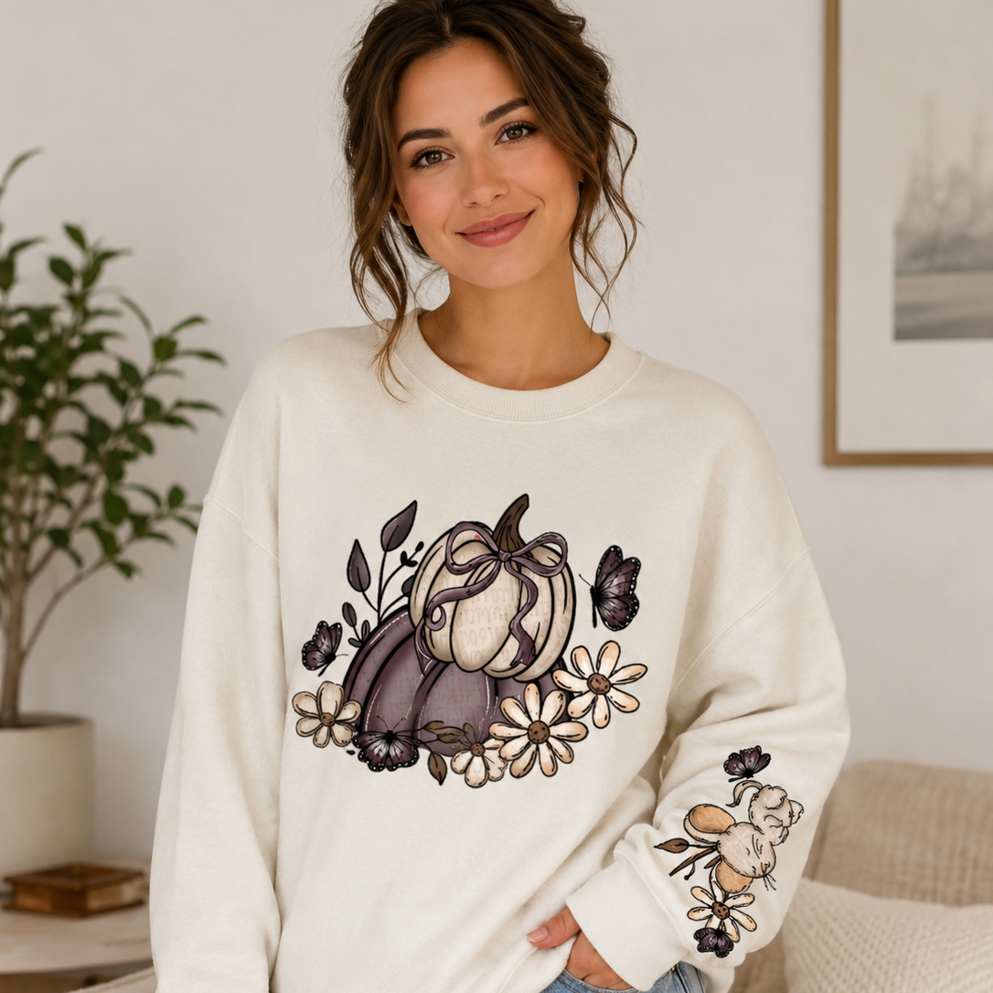 Woman wearing a white sweatshirt with a graphic design in a casual setting