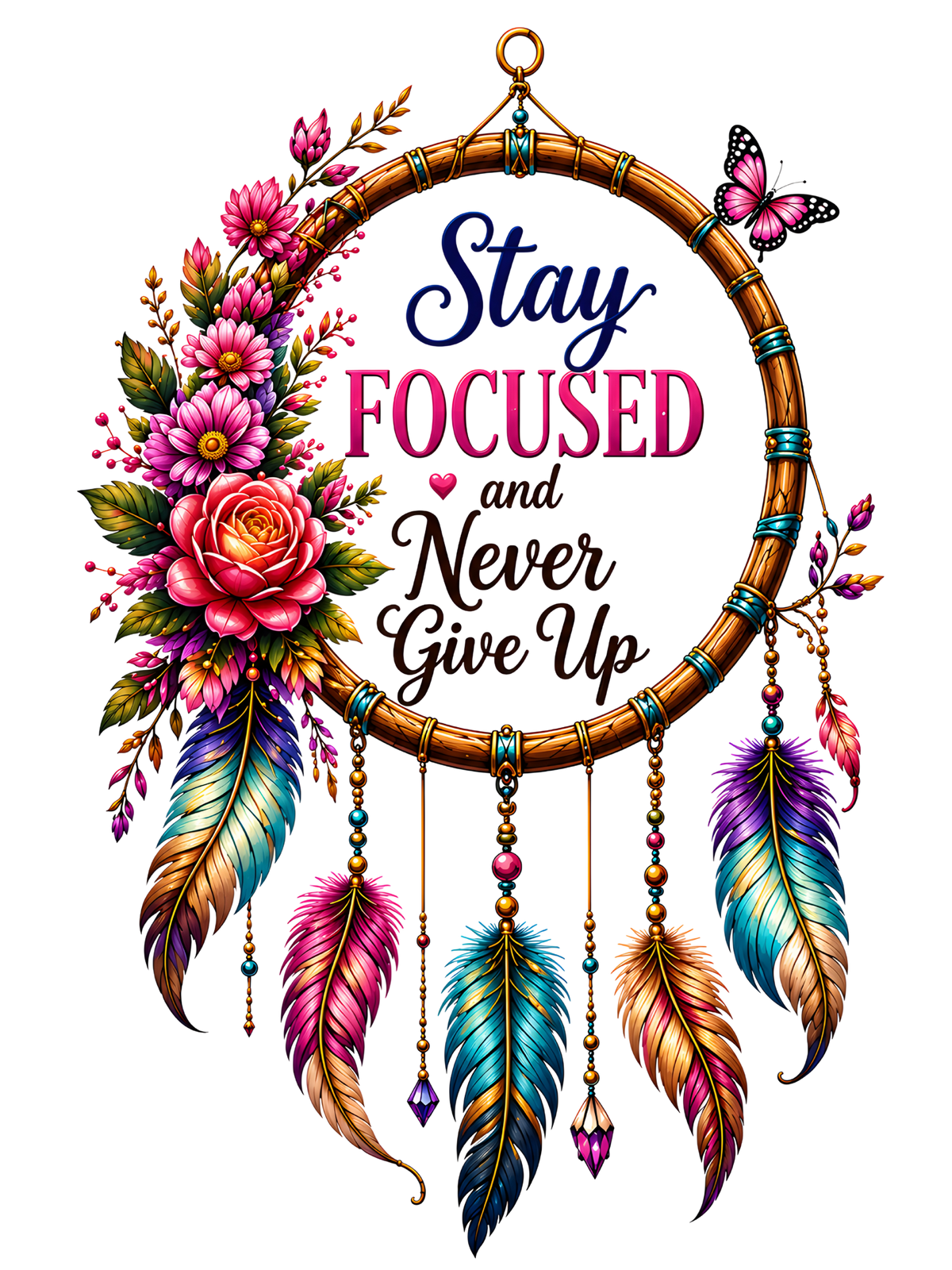 A decorative dreamcatcher-style wall art design with the phrase “Stay FOCUSED and Never Give Up” in the center, surrounded by pink flowers, green leaves, colorful feathers, beads, and a butterfly on a white background.