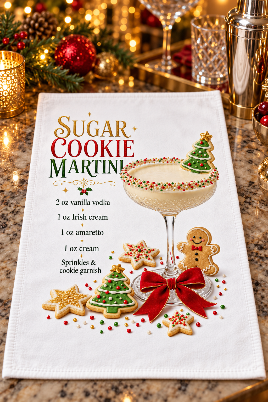 A white kitchen towel featuring a festive 'Sugar Cookie Martini' recipe and holiday graphic design laid flat on a granite countertop with warm holiday decorations in the background.