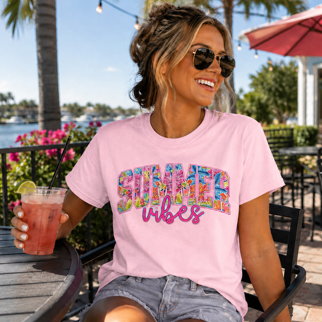 Woman wearing bright colored 'Summer Vibes' Lt Pink t-shirt holding a drink outdoors.