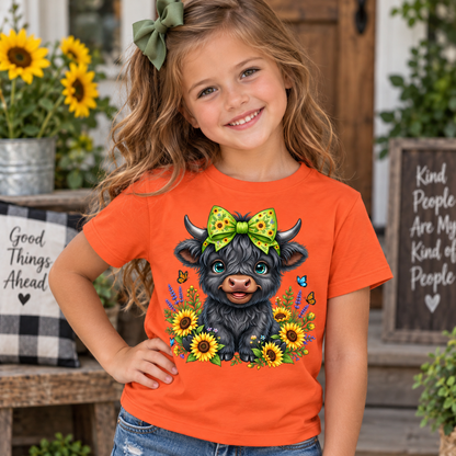 Sunflower Black Highland Cow Youth Graphic T-Shirt