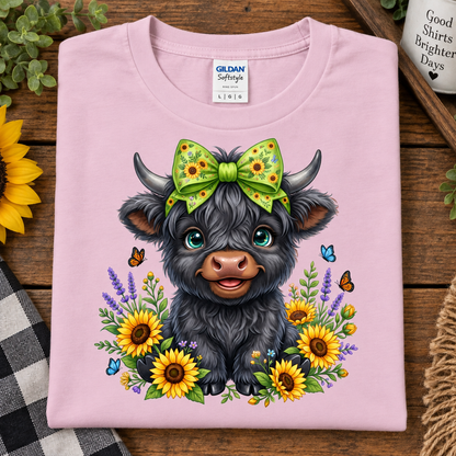 A folded light pink Gildan Softstyle T-shirt laid flat on a rustic wooden surface, featuring a cute cartoon Highland cow graphic with a green sunflower-patterned bow, surrounded by yellow sunflowers, purple lavender, and small blue butterflies.