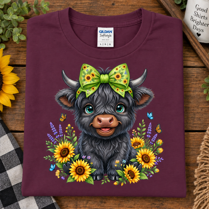 A folded maroon Gildan Softstyle crewneck t-shirt with a colorful graphic of a cute black Scottish Highland cow wearing a green sunflower-patterned bow, surrounded by sunflowers and butterflies, displayed on a rustic wooden background.