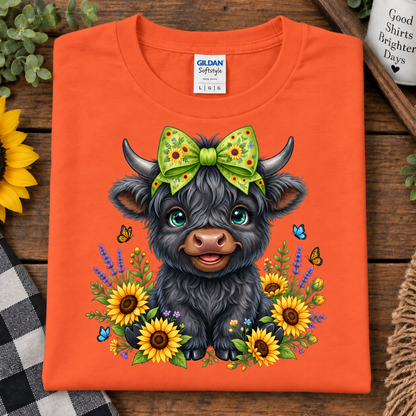 An orange Gildan Softstyle crewneck t-shirt laid flat on a rustic wooden surface, featuring a cartoon illustration of a fluffy black Scottish Highland cow with a green sunflower-patterned bow, surrounded by yellow sunflowers, purple flowers, and butterflies.