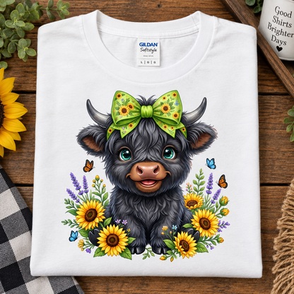 A folded white Gildan Softstyle T-shirt laid flat on a rustic wooden surface, featuring a colorful cartoon illustration of a black Scottish highland cow with a green sunflower-patterned bow, surrounded by yellow sunflowers, purple lavender, blue butterflies, and green foliage.